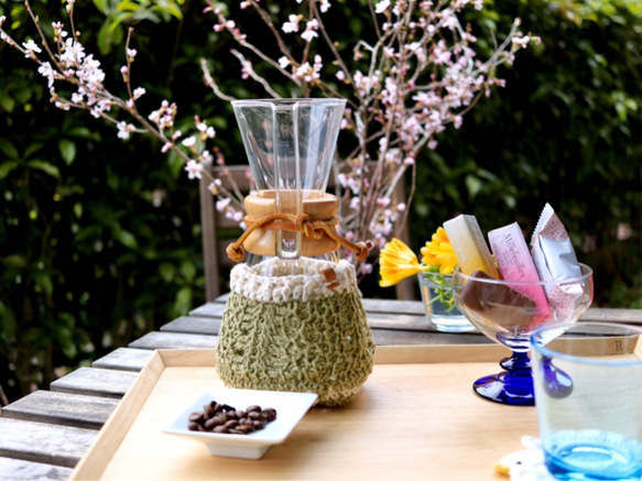 【受注制作】チュニジアンクロッシェのケメックスカバー『sprout』 コーヒーコージー  3カップ用カバー 2枚目の画像