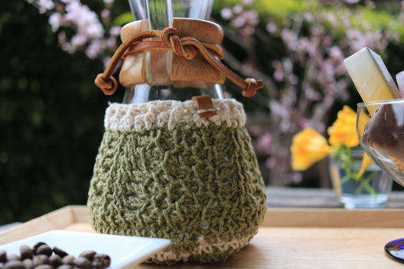 【受注制作】チュニジアンクロッシェのケメックスカバー『sprout』 コーヒーコージー  3カップ用カバー 4枚目の画像