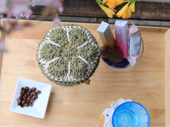 【受注制作】チュニジアンクロッシェのケメックスカバー『sprout』 コーヒーコージー  3カップ用カバー 6枚目の画像