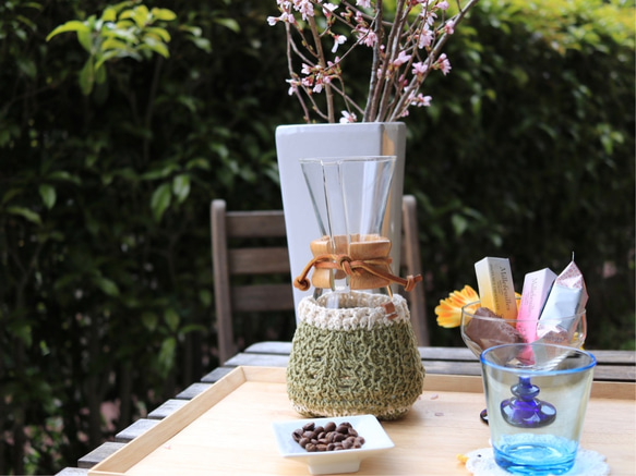 【受注制作】チュニジアンクロッシェのケメックスカバー『sprout』 コーヒーコージー  3カップ用カバー 1枚目の画像