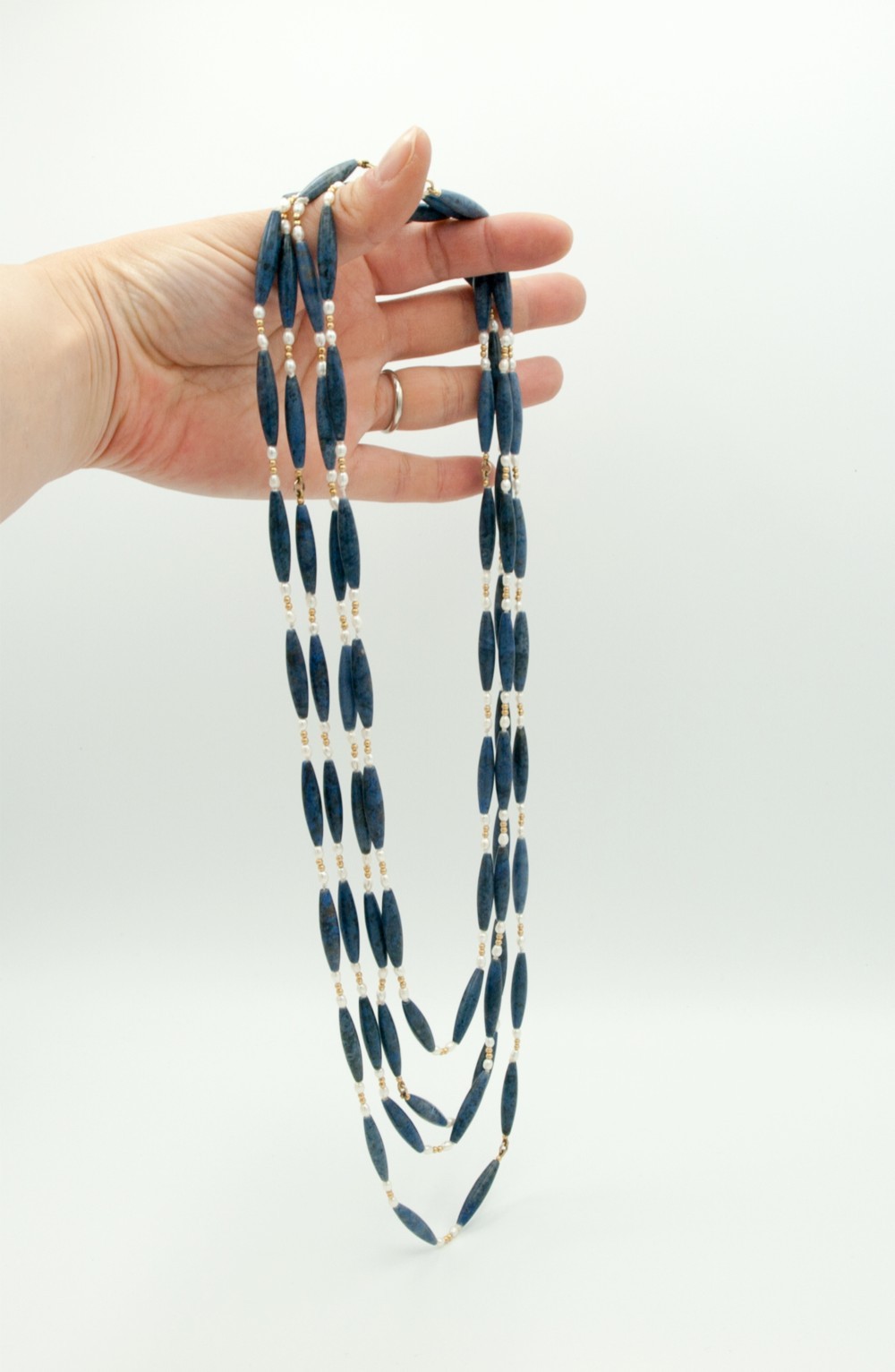 【エレガント超ロング天然石ネックレス】デュモルチェライト・パール・ゴールド18K