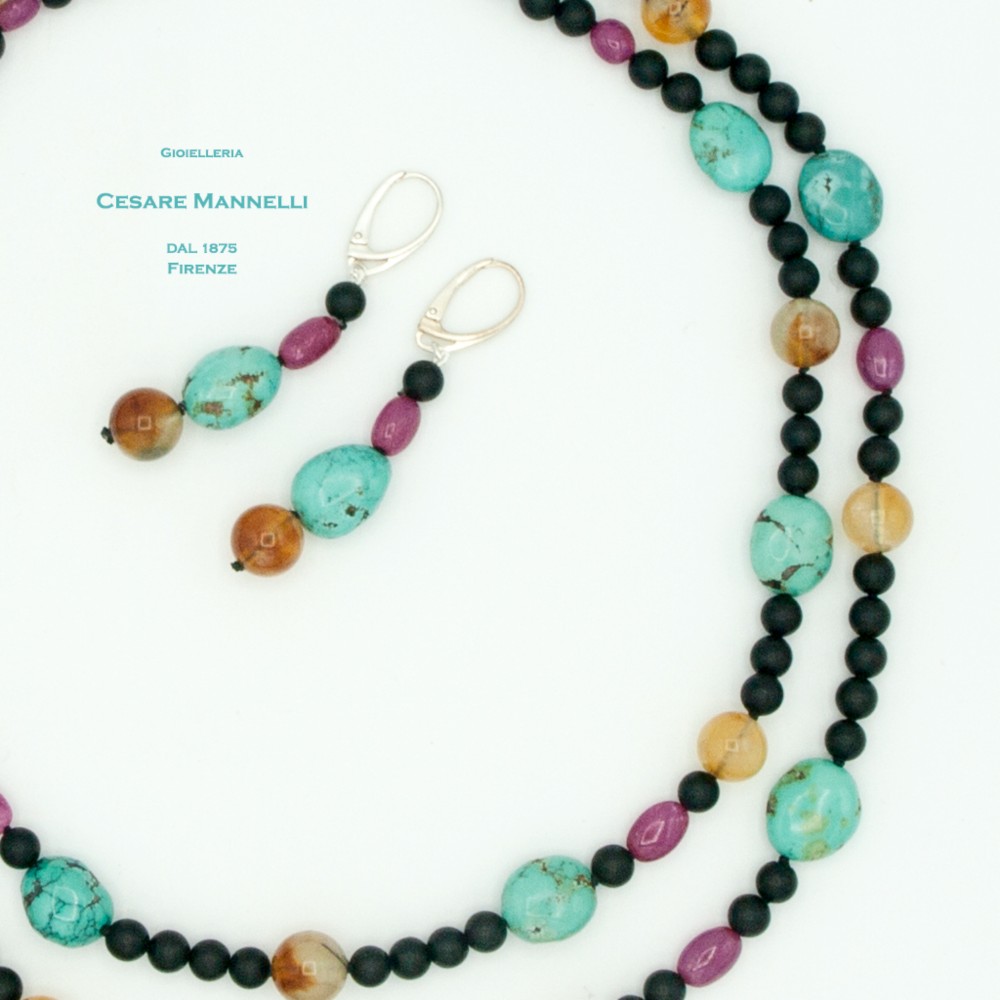 【天然石ネックレスとピアスのセット販売・現品限り】トルコ石、ルビー、オレンジプレナイトとサテンオニキス