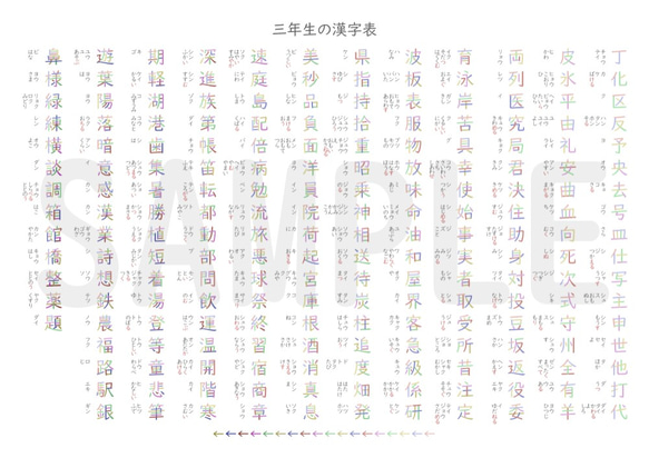三年生 の 漢字表 ･ パステル カラー ･ 【即日受取可能】 3枚目の画像