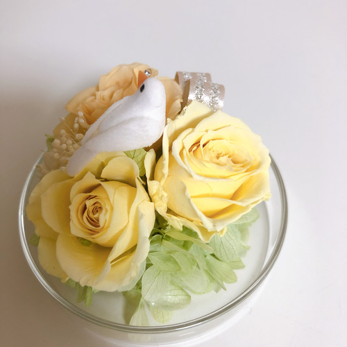プリザーブドフラワー 鳥のガラスドーム(オレンジ黄色) 母の日 誕生日