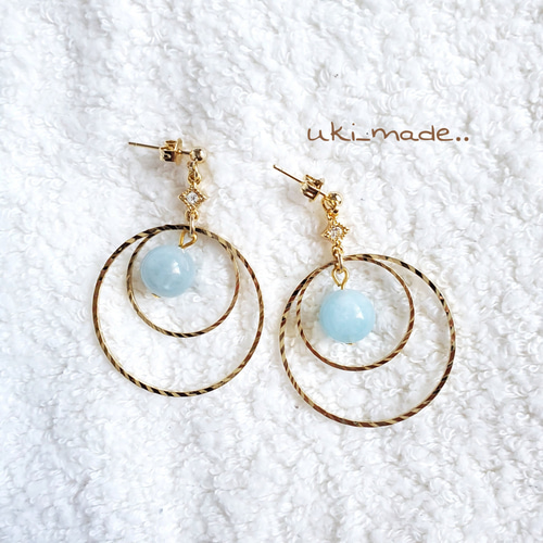 受注製作❀天然石⭐アクアマリン⭐透き通る青♡ゴールドフープピアス 