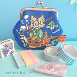 がま口 ポーチ 帆布【 浦島太郎 / 猫 】小物入れ ハンドペイント 子供向け がまぐち ブルー Creema限定 7枚目の画像