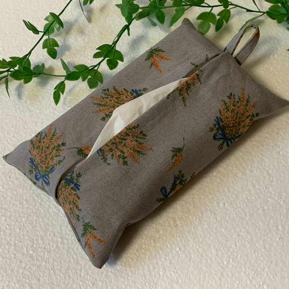 【再販！】エコティッシュカバー☆マスクストッカー♪ミモザのブーケ☆グレー 1枚目の画像