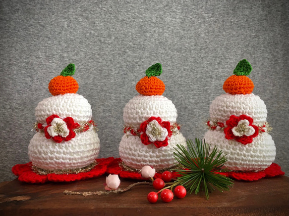 鏡餅 正月飾り 人気 ゆき糸 手編み ニット 送料無料 2枚目の画像
