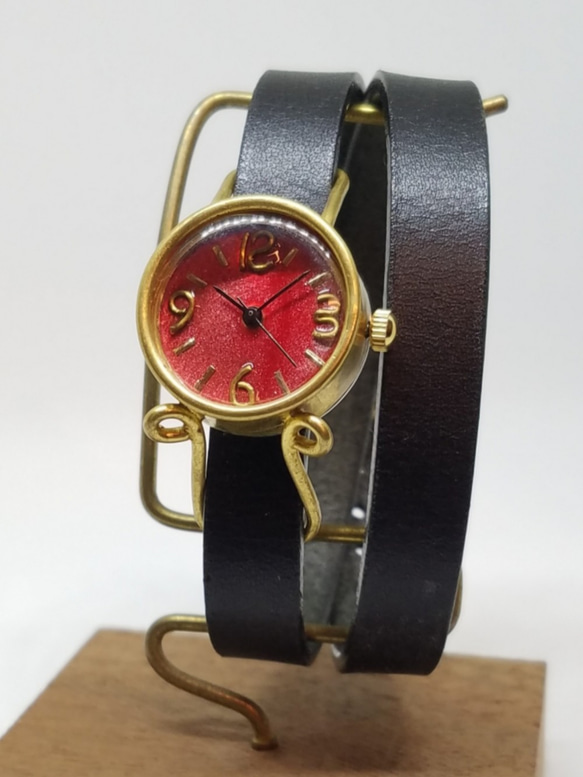 Dear（レッド）ゴールド　二重巻きベルトの手作り腕時計　MADE　IN　JAPAN 1枚目の画像