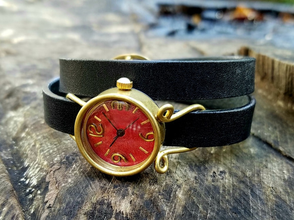 Dear（レッド）ゴールド　二重巻きベルトの手作り腕時計　MADE　IN　JAPAN 2枚目の画像