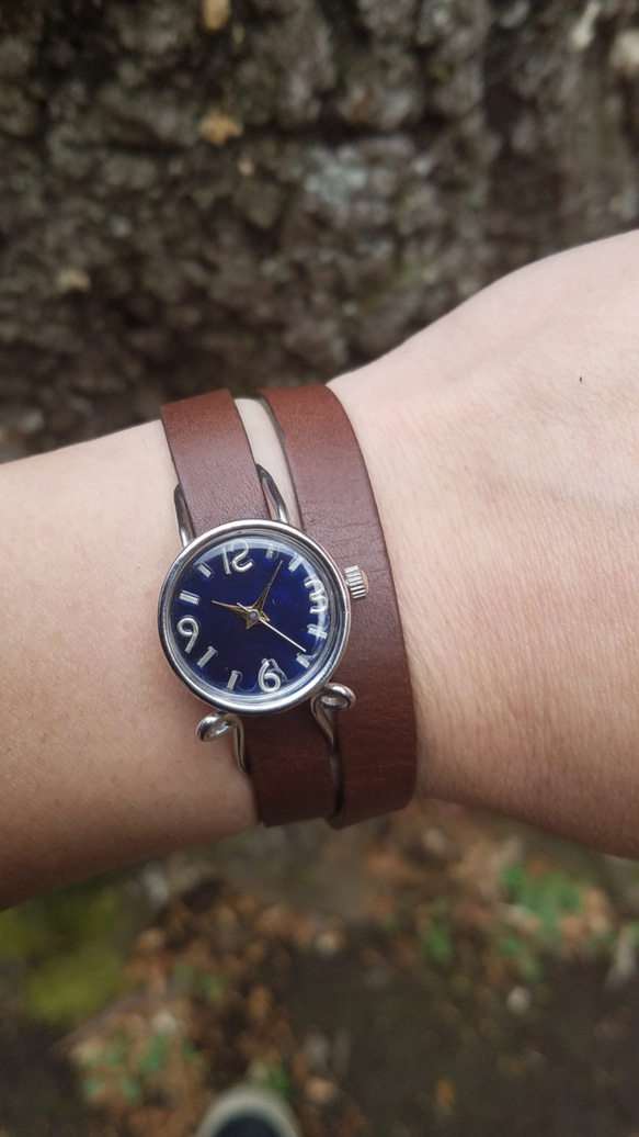Dear（ダークメタリックブルー）シルバー　二重巻きベルトの手作り腕時計　MADE　IN　JAPAN 6枚目の画像