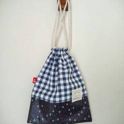 イカリ柄ラミネート＆ギンガムチェックの巾着　給食袋・お道具袋に 1枚目の画像