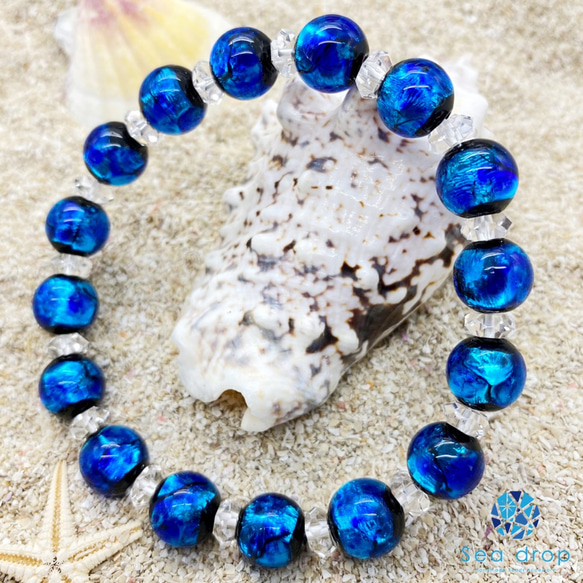 Sea drop ホタルガラス 10mm ビーズ ブレスレット ブルー 蓄光