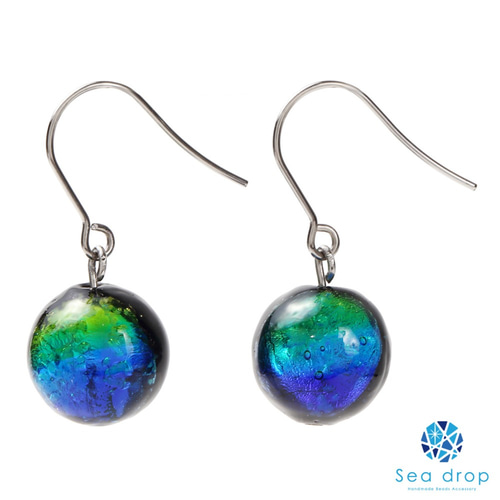 Sea drop ホタルガラス ピアス ケラママリン 12mm 蓄光タイプ