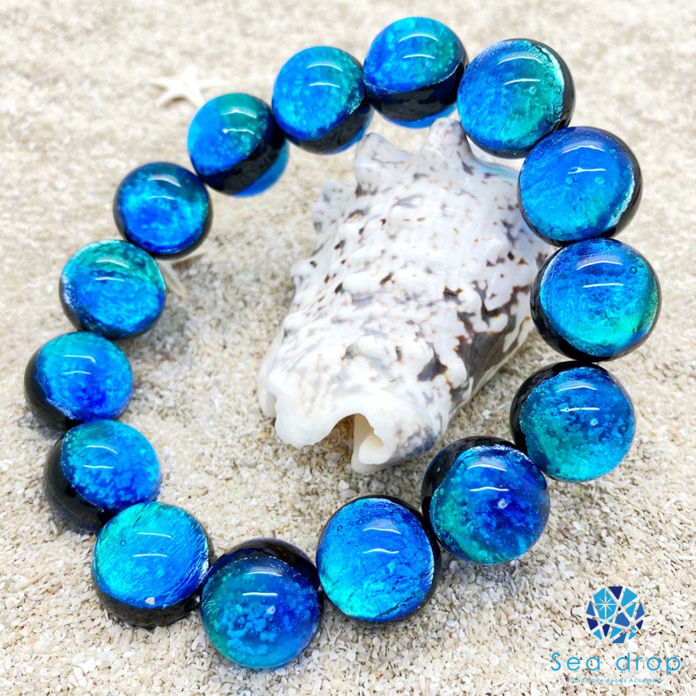 ホタルガラス イリオモテブルー 16mm ビーズ 内周16cmブレスレット蓄光とんぼ玉 [080bt-16-16]