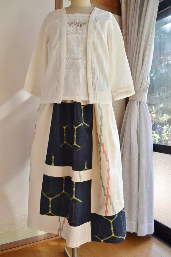 着物リメイク 紬のぜいたくなパッチワークのスカート Ｊ-19 ロング