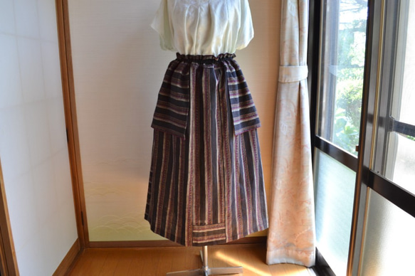 着物リメイク　木綿ギャザースカート　Ｊ-24 1枚目の画像