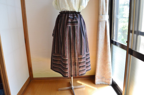 着物リメイク　木綿ギャザースカート　Ｊ-24 2枚目の画像