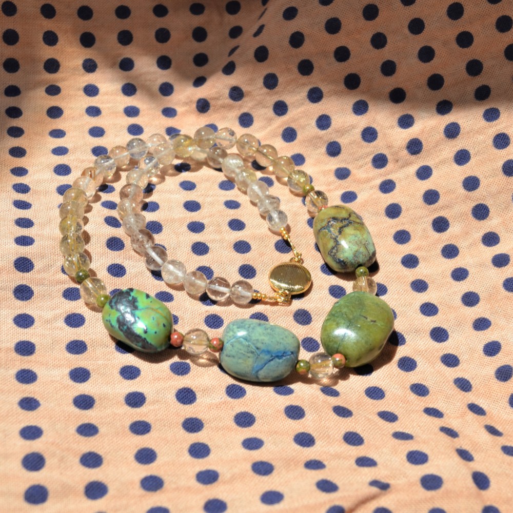 トルコ石・ルチルクォーツ　ネックレス　-105-