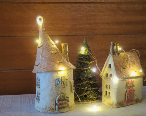 LUVILLE クリスマス　冬　飾り　置物　陶器　未使用品 陶器 クリスマスツリー 2 オブジェ 照明 青磁 ☆クリスマス