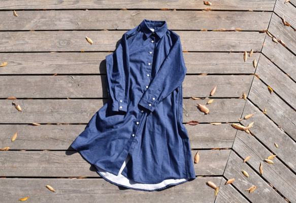 新色『warm blue』 shirt onepiece 　播州織　シャツワンピース 1枚目の画像