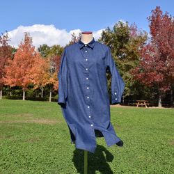 新色『warm blue』 shirt onepiece 　播州織　シャツワンピース 3枚目の画像