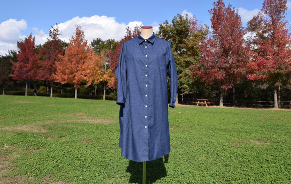 新色『warm blue』 shirt onepiece 　播州織　シャツワンピース 4枚目の画像