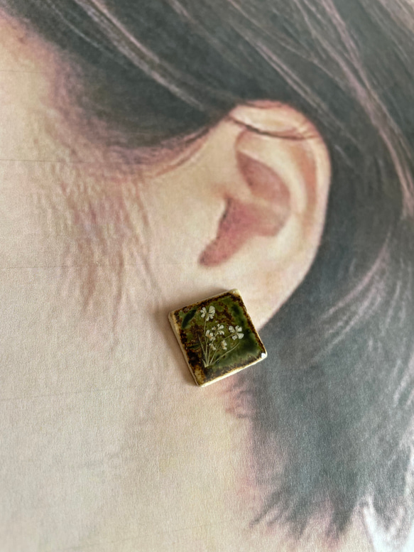 陶器ピアス　ドライフラワー 1枚目の画像