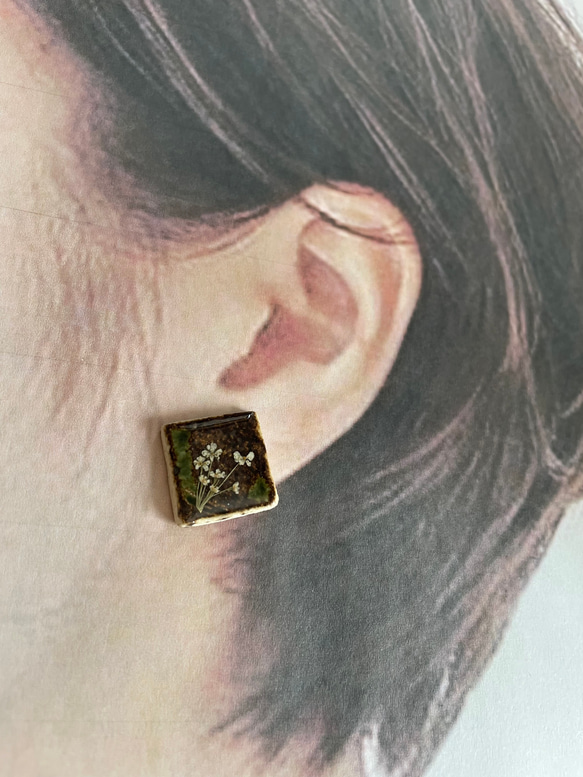 陶器ピアス　ドライフラワー 2枚目の画像