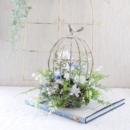 半円鳥かごアレンジ　アンティーク雑貨　花飾り 半円鳥かごアレンジ アンティーク雑貨 花飾り アイアン鳥かご H