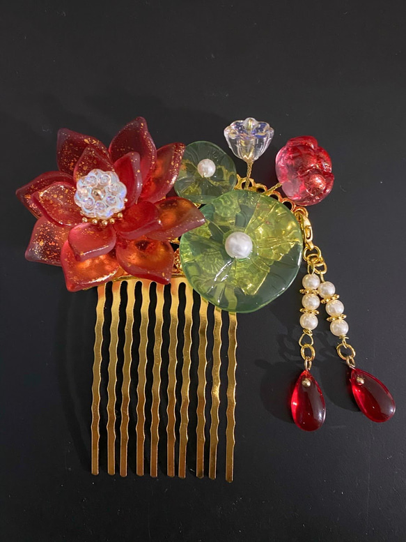 硝子花のかんざし　金箔風紅蓮のヘアコーム　 3枚目の画像