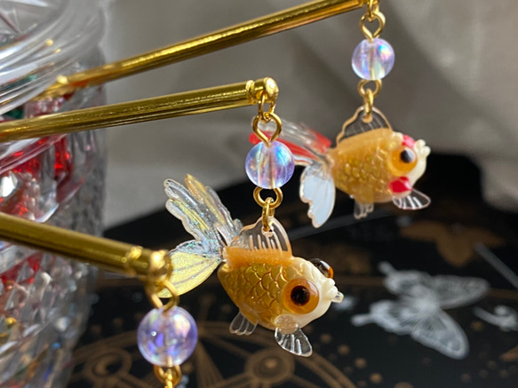 立体金魚のかんざし 金属一本簪 金シリーズ 5枚目の画像