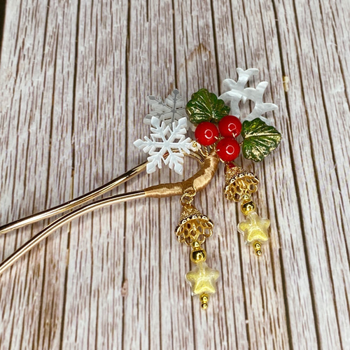 クリスマスのかんざし 柊とベルのUピン簪 かんざし メノ工房