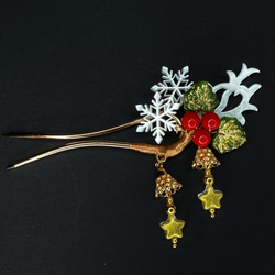 クリスマスのかんざし 柊とベルのUピン簪 5枚目の画像