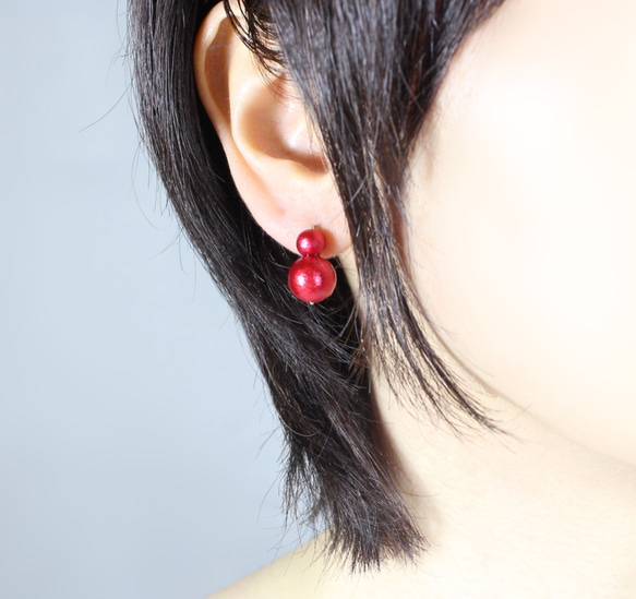 棉珍珠雪人耳環14KGF /紅色 第3張的照片
