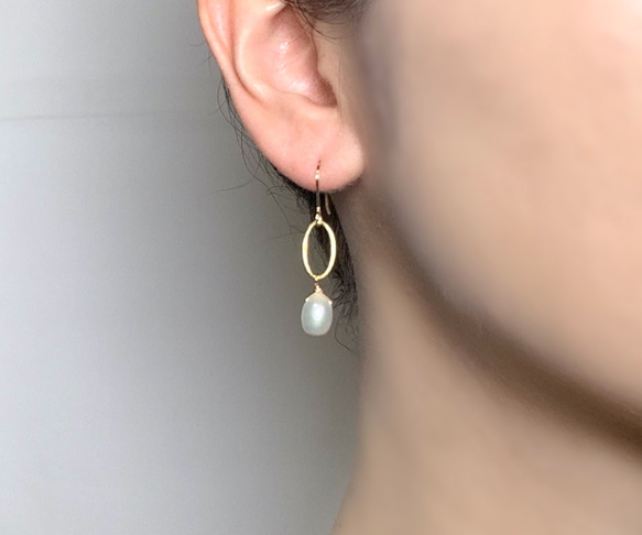 水滴珍珠橢圓形耳環14KGF 第4張的照片