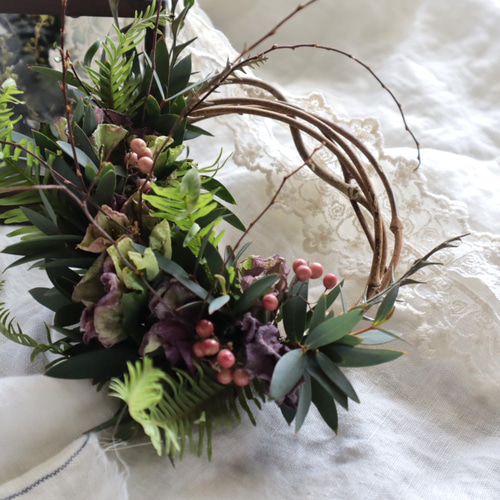 淡色○゜クリスマスローズとアンティーク紫陽花のドライフラワーリース  