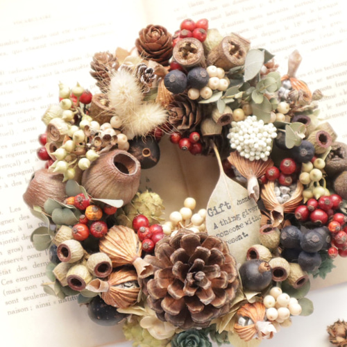 送料無料ごろっと秋の実リース 秋リース 冬リース こっくり秋色