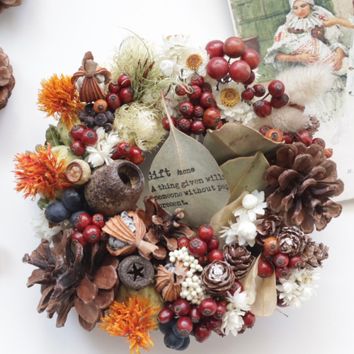 送料無料ほっこりごろっと秋の実リース ドライフラワーリース 実物