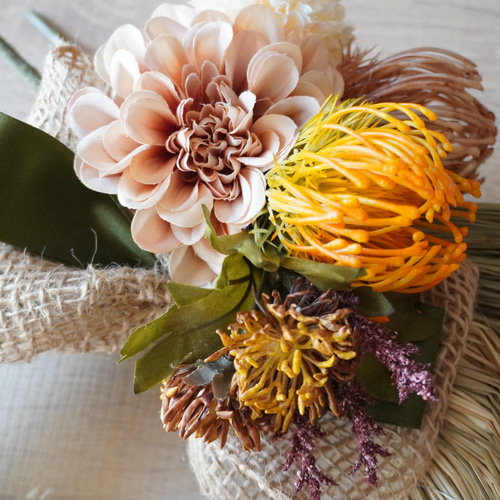 2022しめ縄 ピンクッションのアーティシャルフラワーナチュラルリース