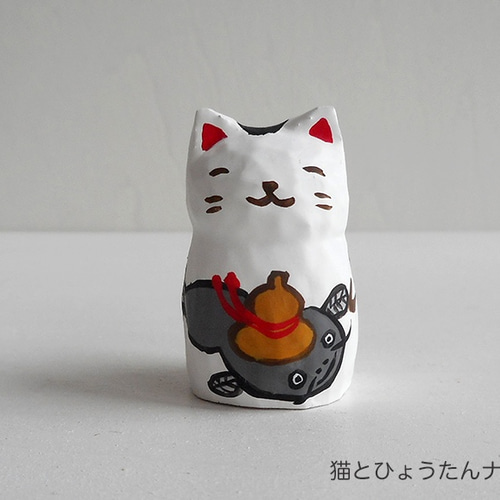 木彫り 猫とひょうたんナマズ3 その他置物 鶏口舎(けいこうしゃ