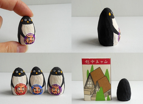 木彫り　大人ペンギンとだるま　紫19 2枚目の画像