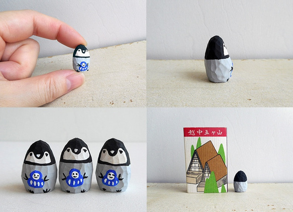 木彫り　赤ちゃんペンギンと兜 青17 2枚目の画像