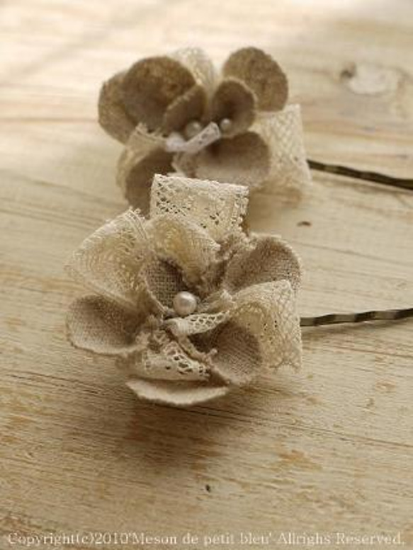 *Hair pin*Flower*linen+antique lace 1枚目の画像