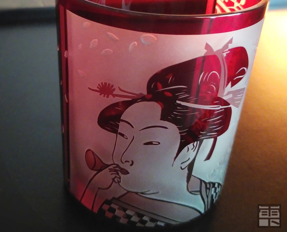 [浮世絵グラス] ビードロを吹く娘／喜多川歌麿