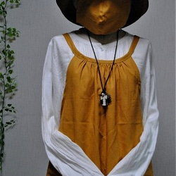 ワンピースと同じ生地マスク付き　リネン　マスタード　エプロンワンピース　着丈120cm　エプロン　 3枚目の画像