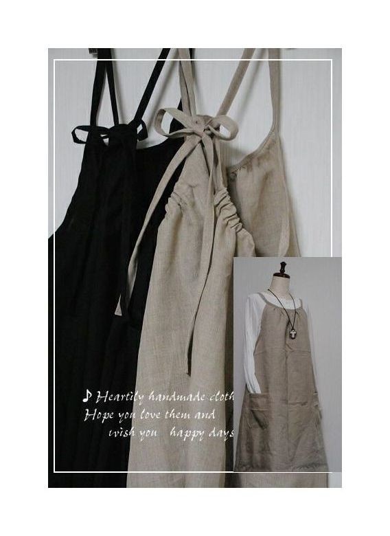 ★受注製作★ワンピース  エプロンワンピース　リネン100% 　　エプロン　着丈110cmウエスト切り替えなし