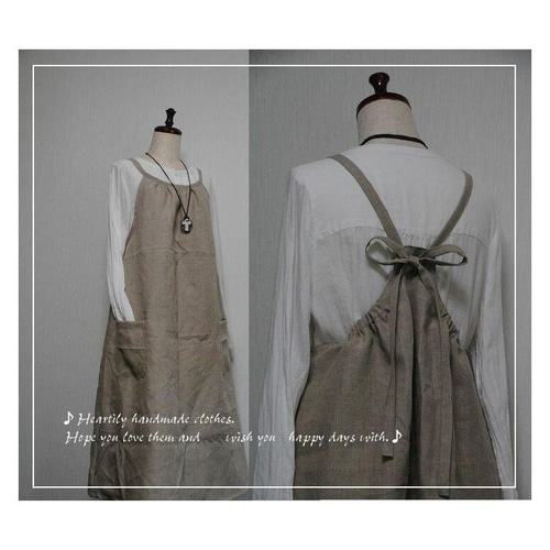 ガサ　gasa エプロンワンピース　リネン100 ワンピース　エプロン ☆受注製作 着丈130cm☆ エプロンワンピース リネン100% ワンピース