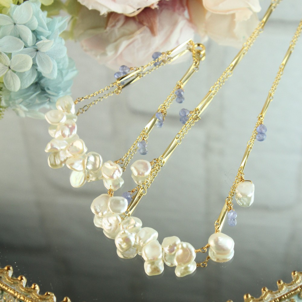 *天然ケシパール*タンザナイト 花びら ブレスレット（16Kgp）