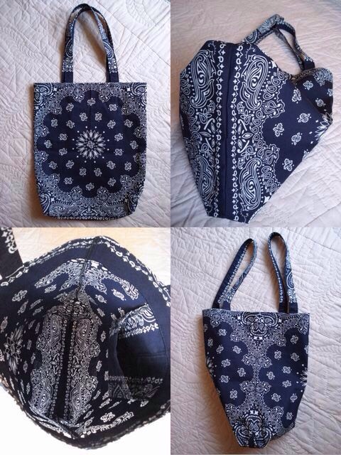 夏のお出かけ 旅行 アウトドア レジャー♪ A4すっぽり 縦長 縦型 肩掛け ショルダートート＊USAバンダナ 布バッグ